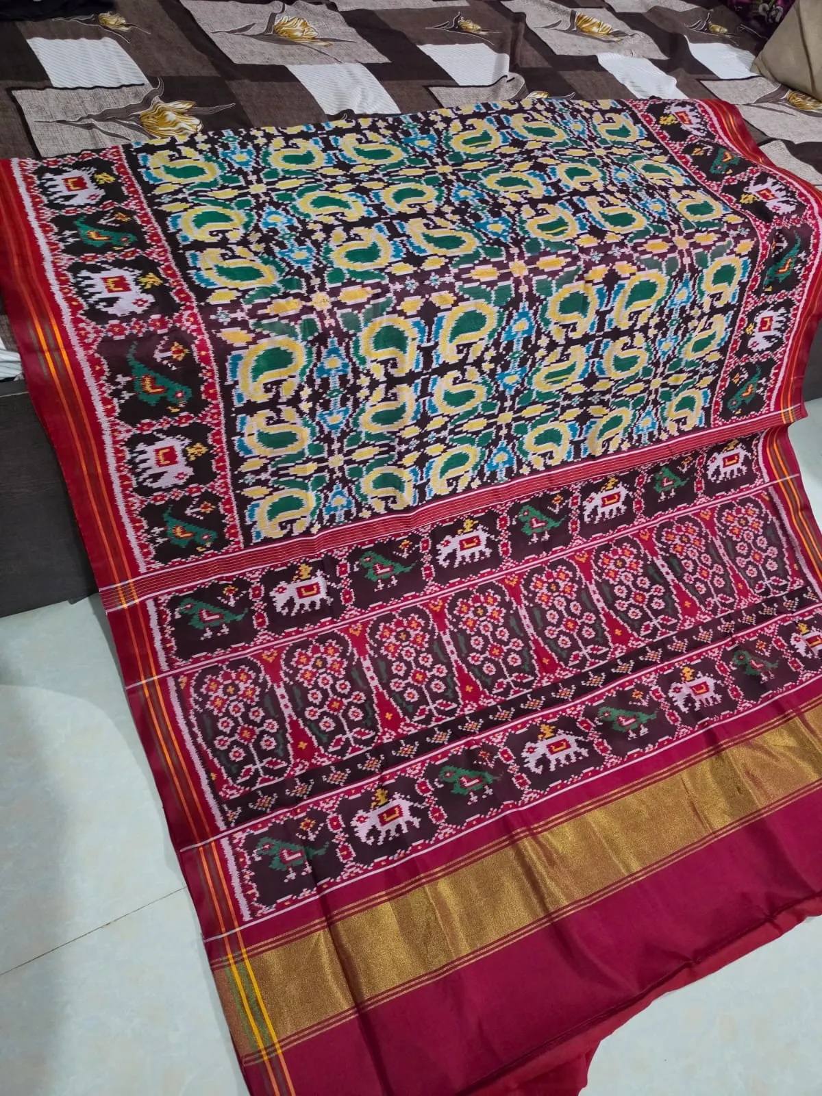 Green Yellow Leaves Popat Hathi Golded Maroon Patola Saree