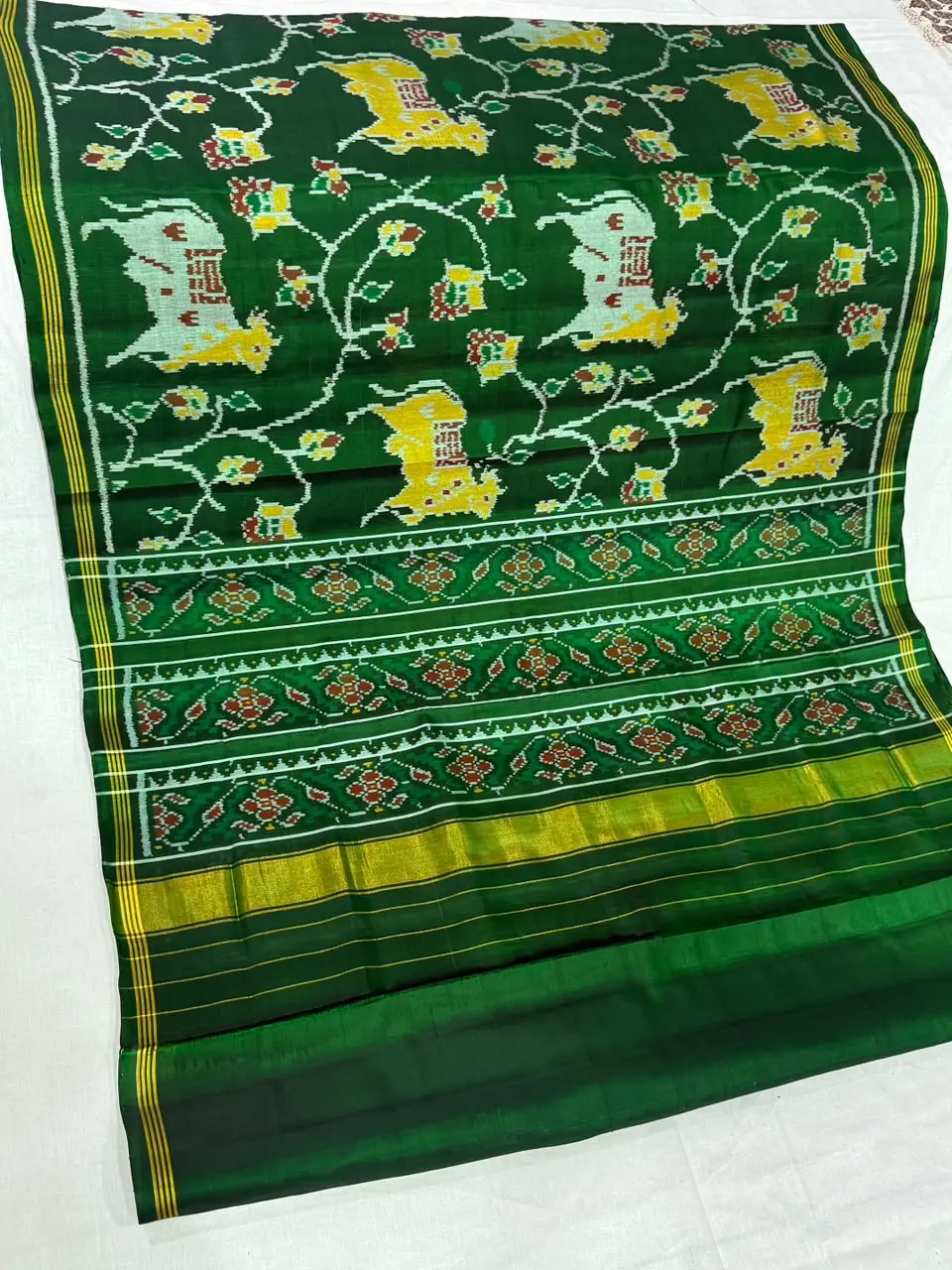 White Yellow Cow Flower Vine Green Patola Saree