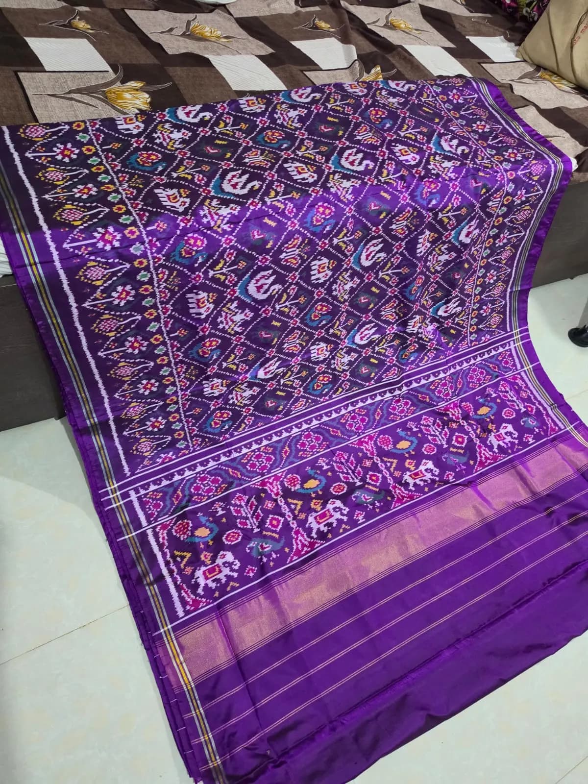 Purple Swan Peacock Duck Flower Border Patola Saree