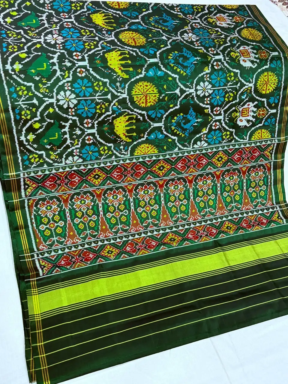 Green Parrot Mix Plant Deer Elephant Peacock Dark Green Patola Saree