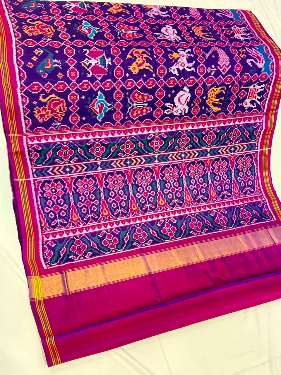 Mix Lion Butterfly Parrot Peacock Rabbit Horse Fish Swan Elephant Flower Border Red Maroon Patola Saree