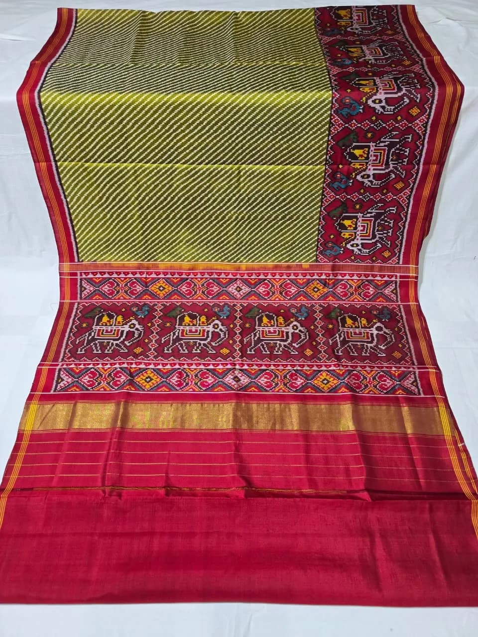 Chartreuse Green & Crimson Diagonal Leheriya Single Ikat Patola Silk Saree