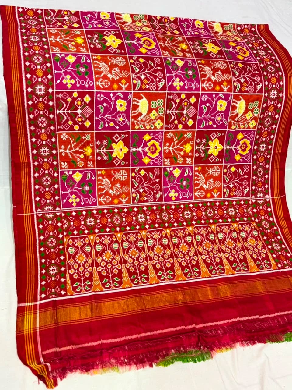 Crimson Red & Coral Chowkidaar Navratna Double Ikat Patola Silk Saree