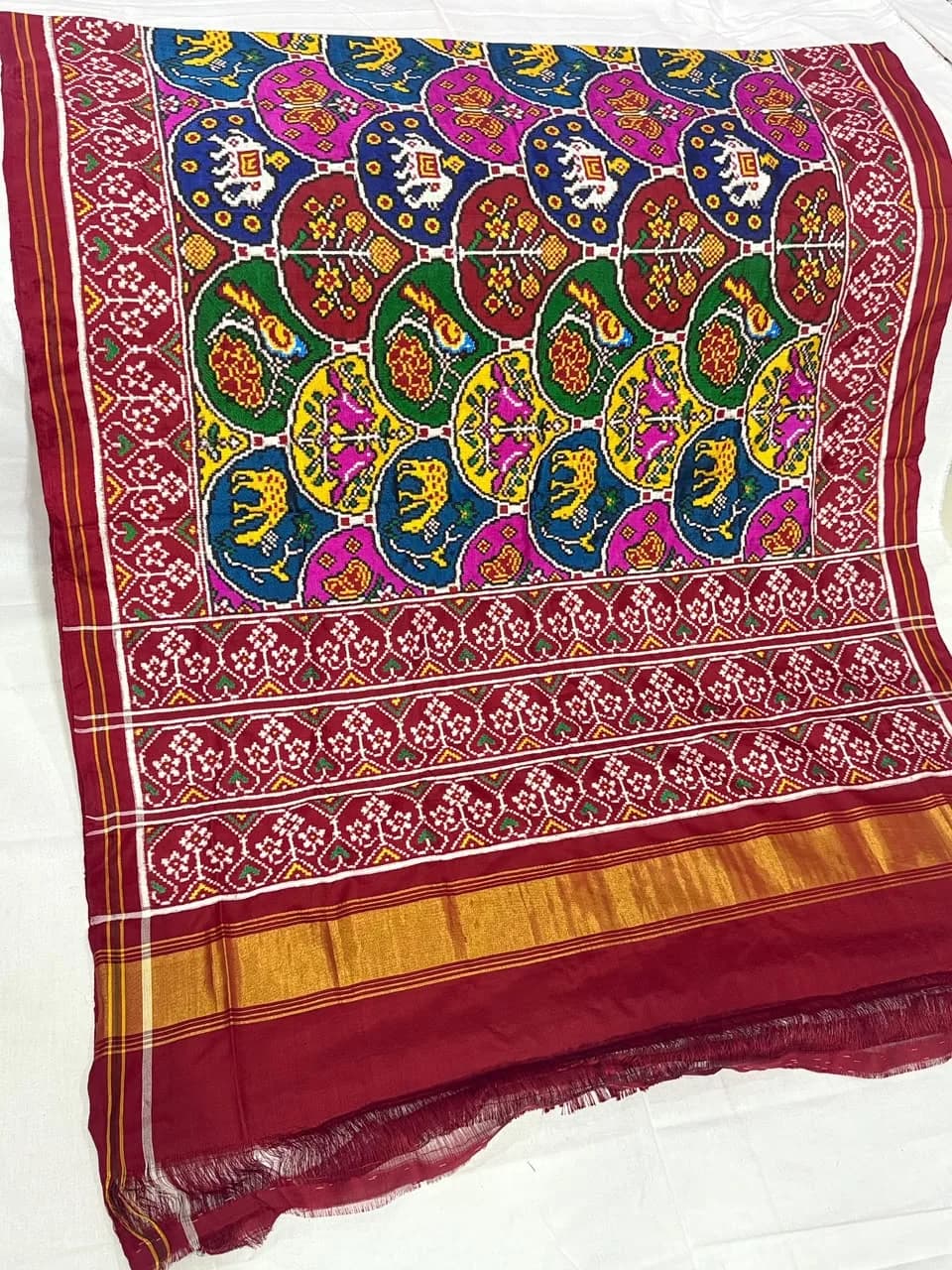 Crimson Red Multicolor Paan Bhat Double Ikat Patola Silk Saree