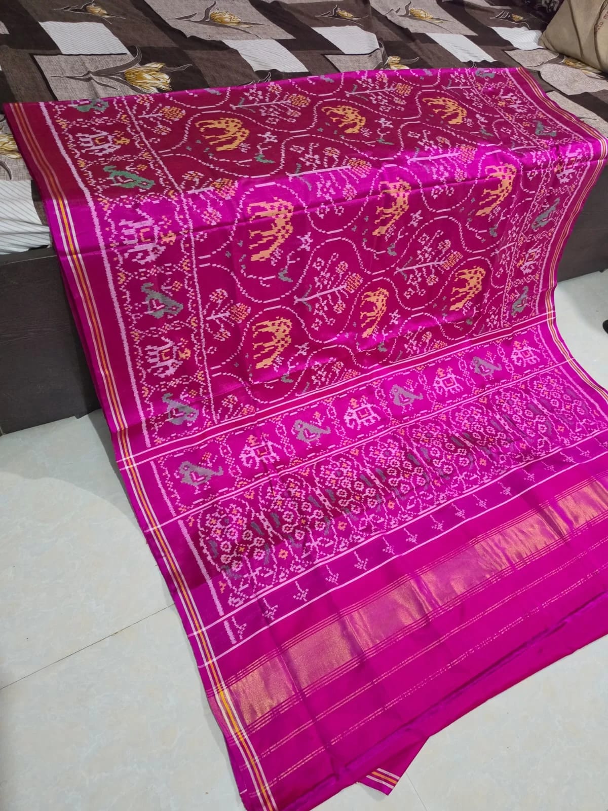 Yellow Elephant White Plant Green Parrot Border Pink Golden Patola Saree