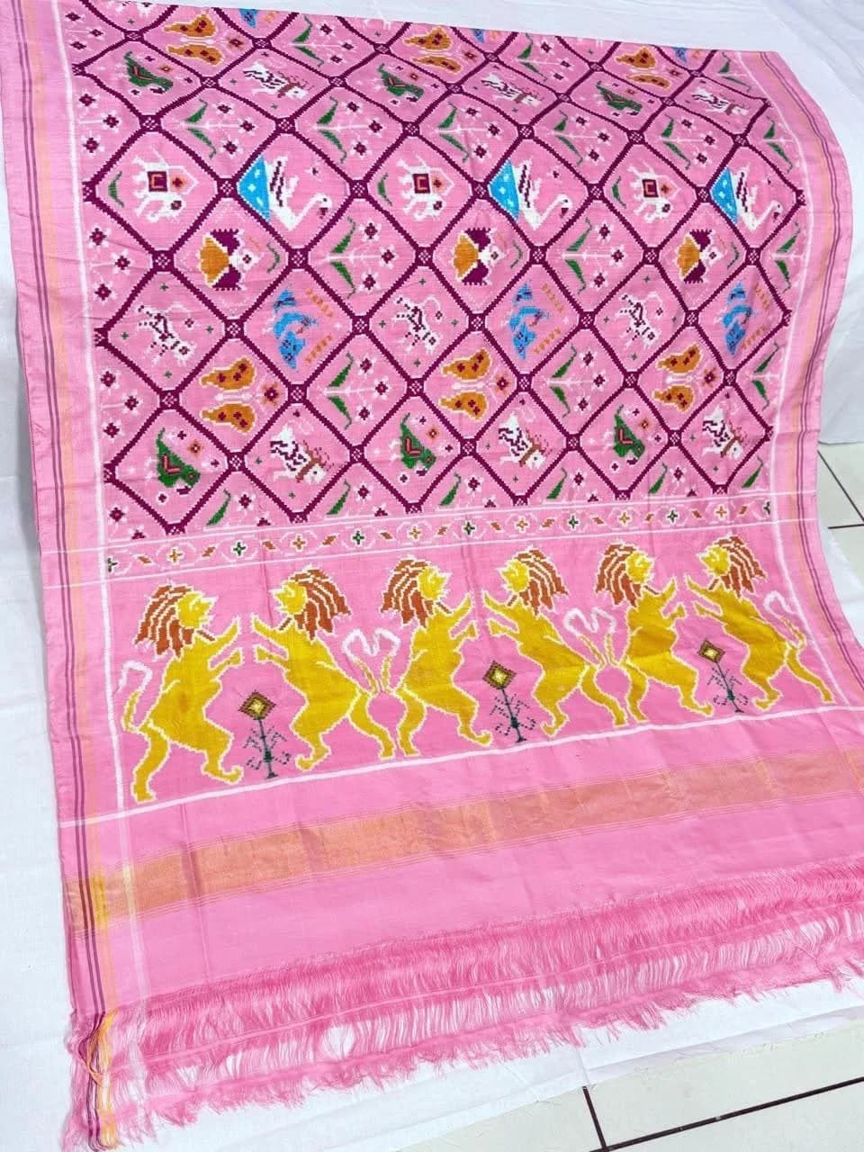 Yellow Lion Mix Animal Square Baby Rose Pink Patola Saree