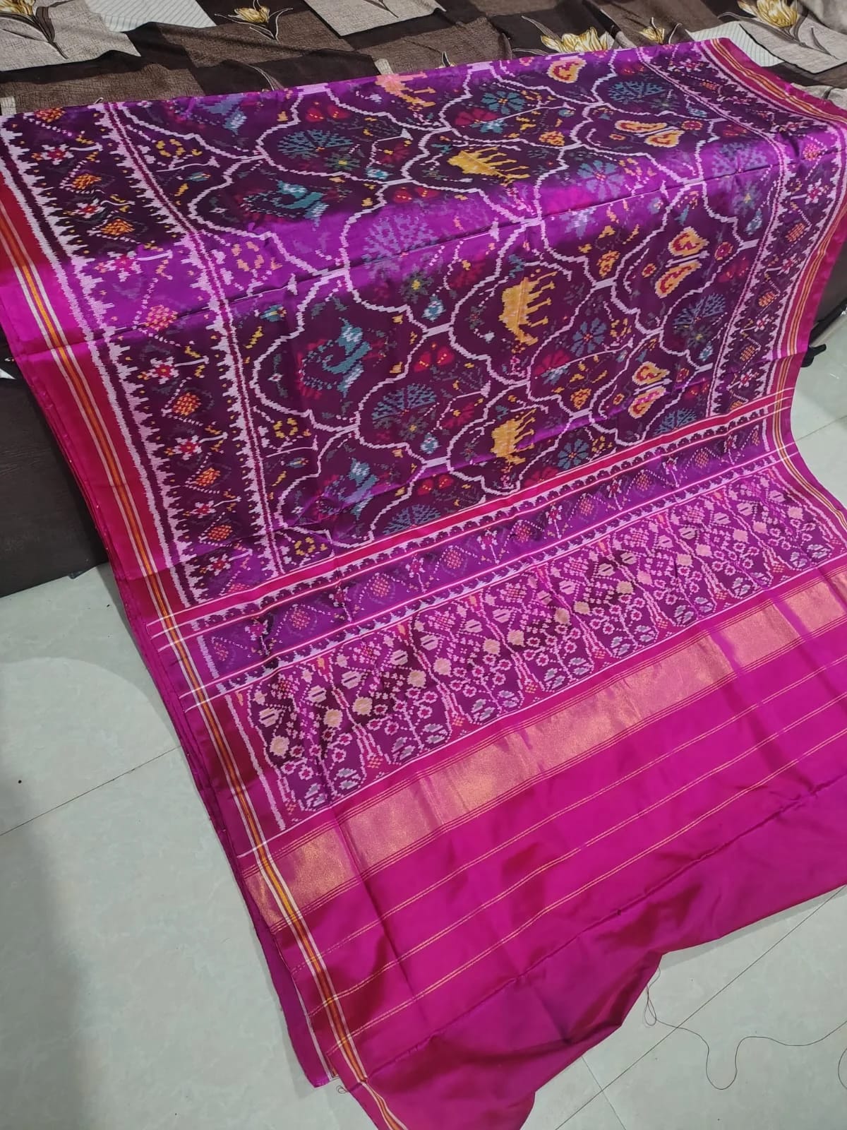 Golden Yellow Navratna Single Ikat Silk Saree