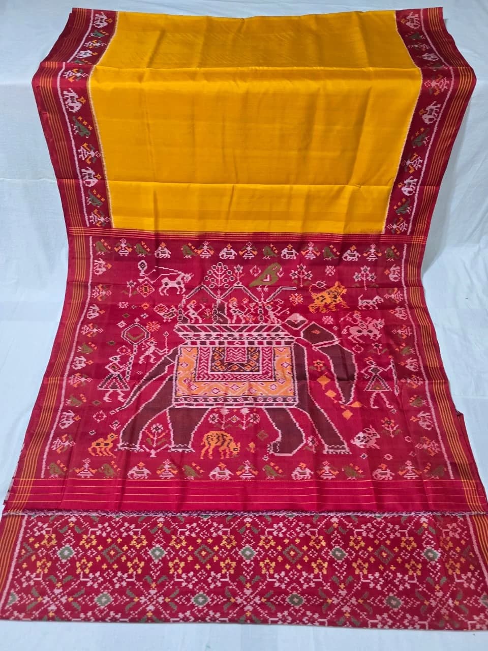 Haldi Yellow & Crimson Royal Elephant Single Ikat Patola Silk Saree