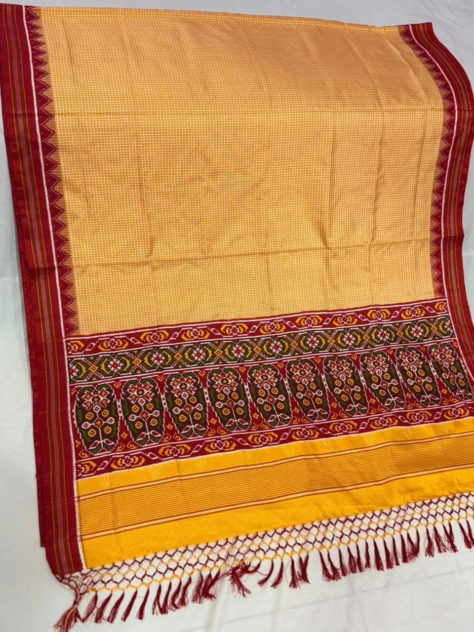 Haldi Yellow Micro-Check Paan Bhat Double Ikat Patola Silk Saree
