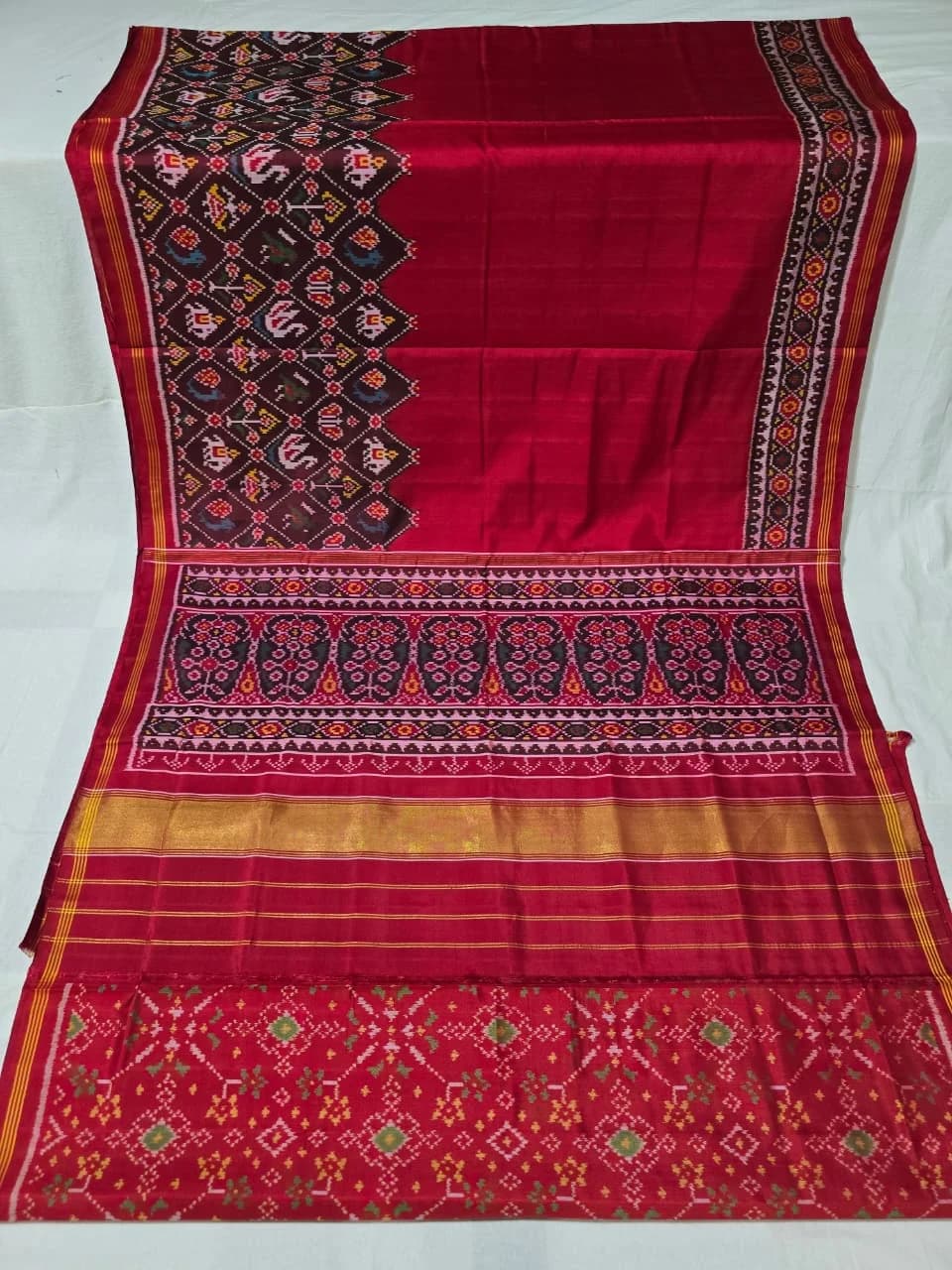 Imperial Crimson & Wine Half-and-Half Shikargah Single Ikat Patola Silk Saree