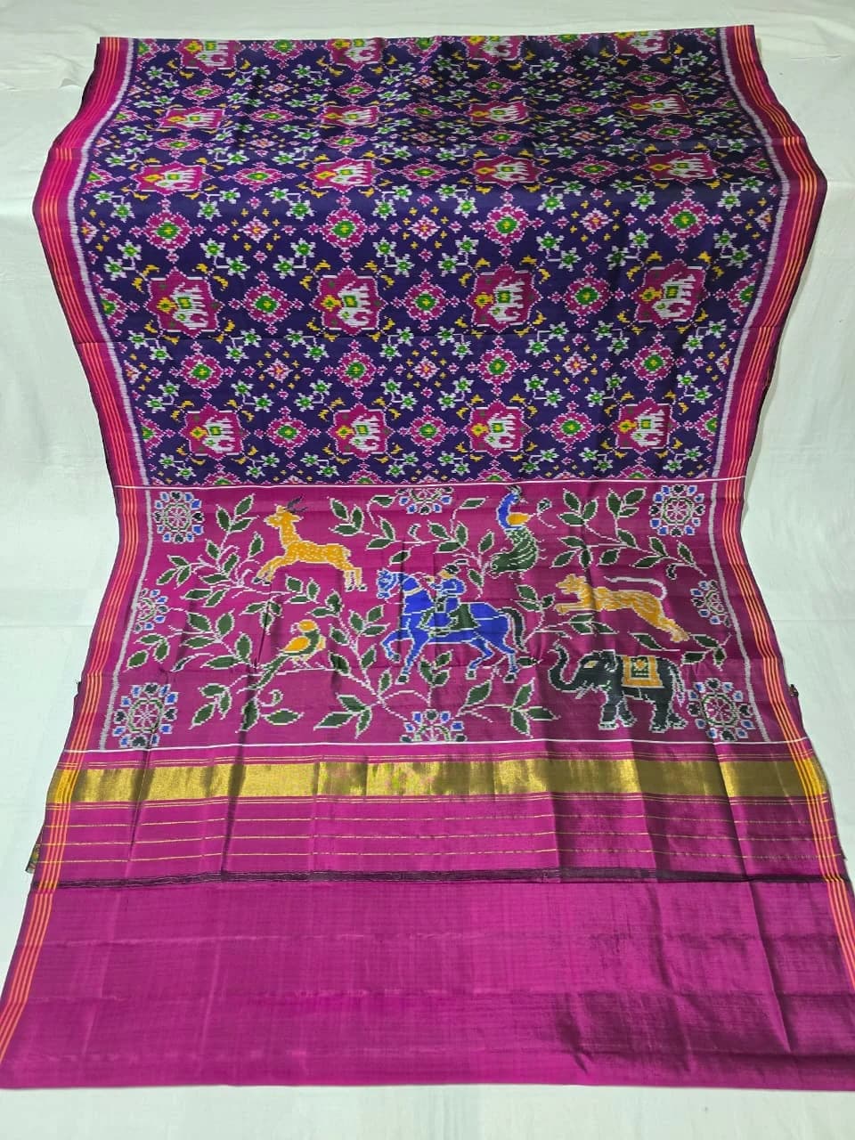 Indigo Blue & Magenta Shikargah Single Ikat Patola Silk Saree