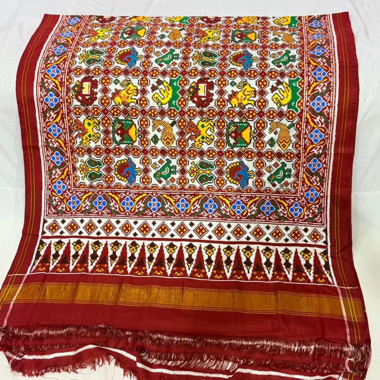 Ivory White & Crimson Navratna Lattice Double Ikat Patola Silk Saree