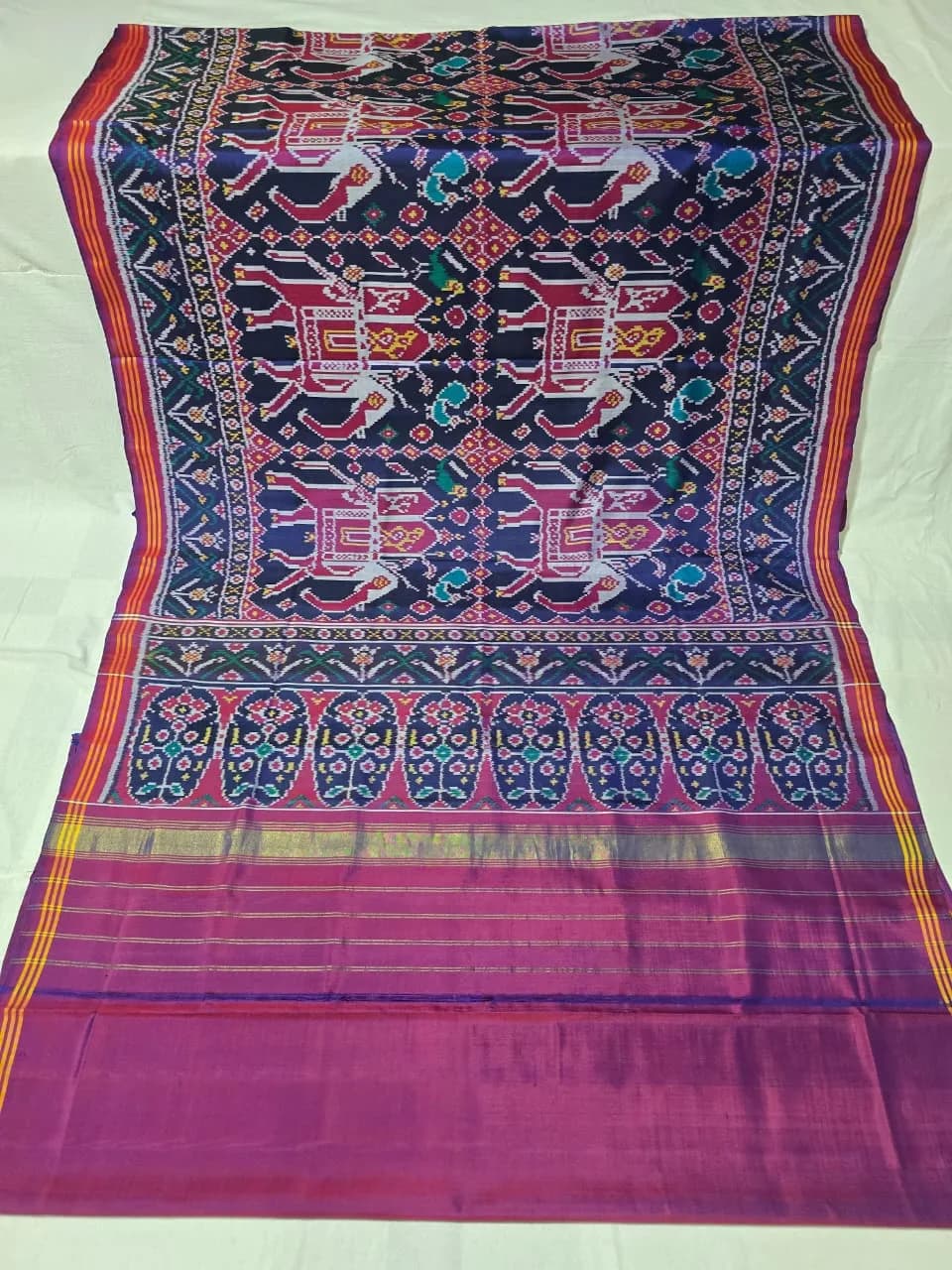 Midnight Indigo & Magenta Kunjar Single Ikat Patola Silk Saree