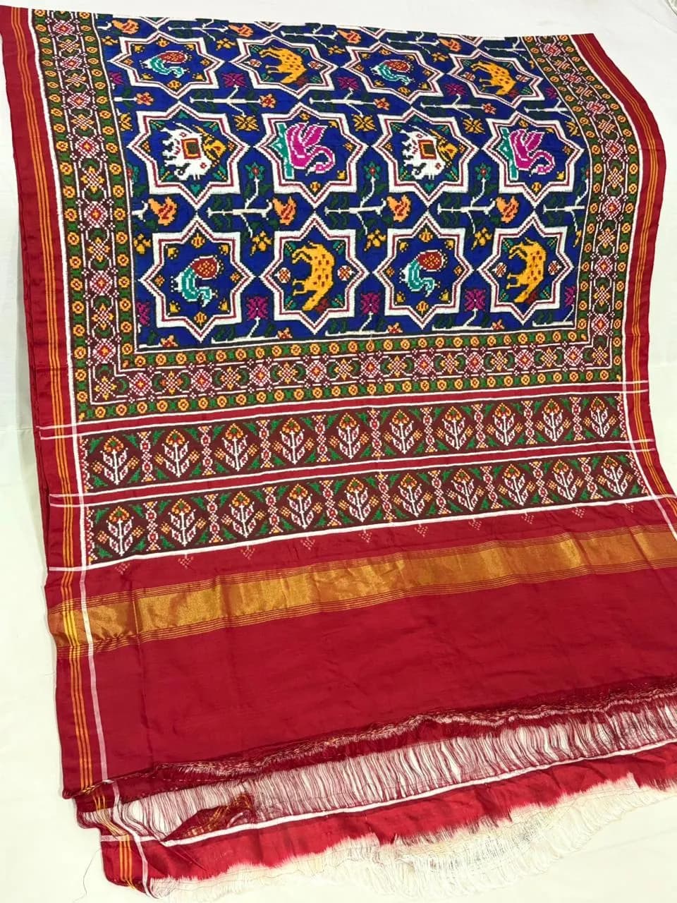 Navy Blue & Crimson Tara Medallion Double Ikat Patola Silk Saree