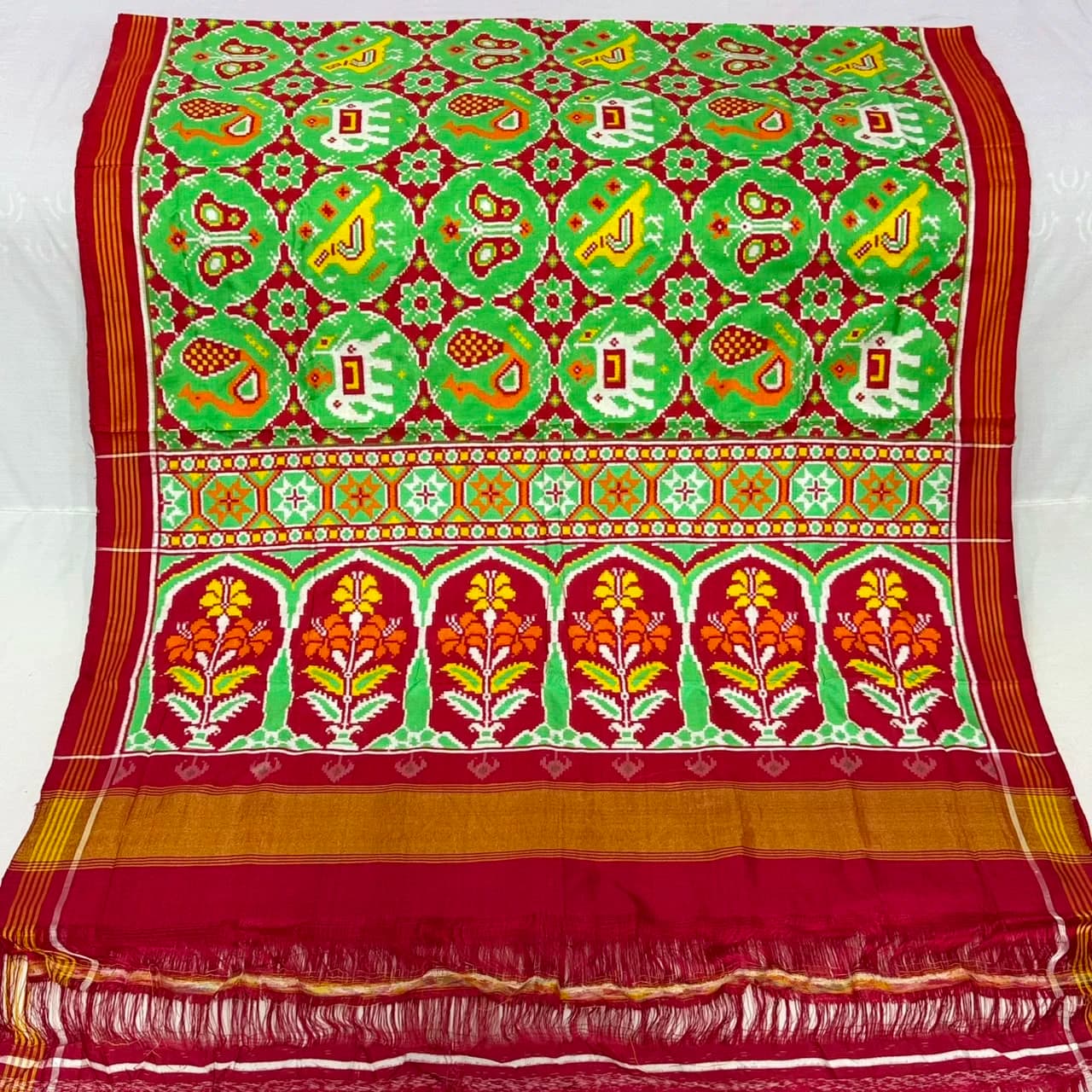 Parrot Green & Crimson Mayur Kunjar Double Ikat Patola Silk Saree