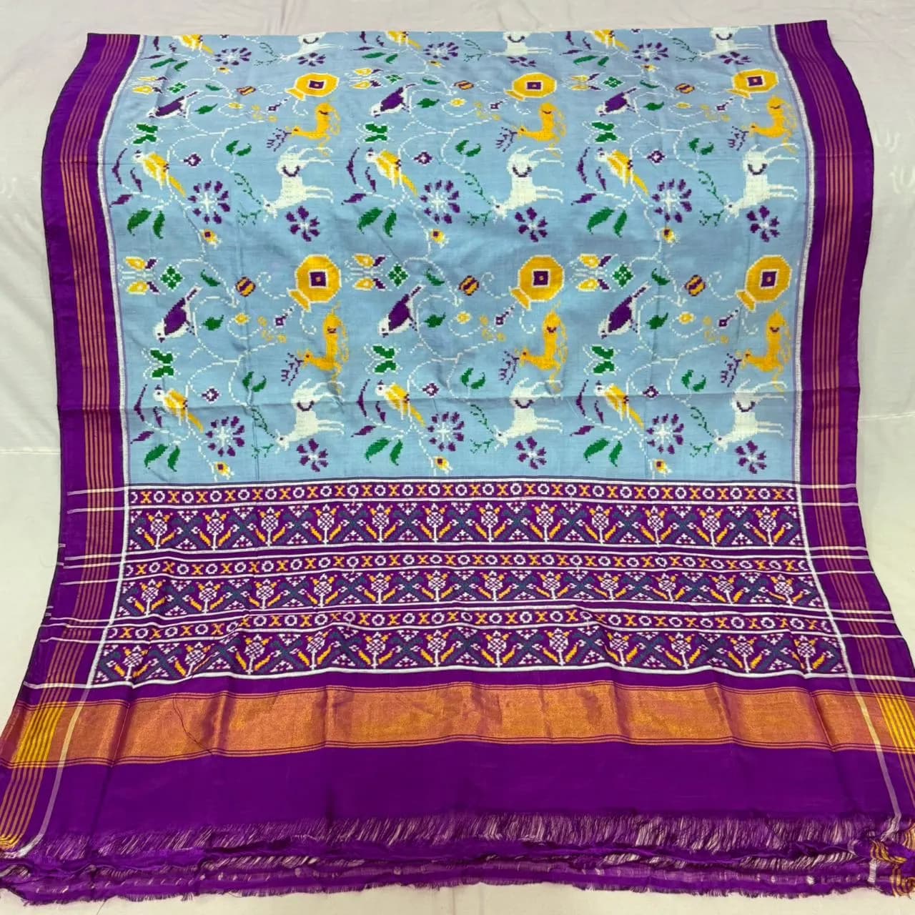 Powder Blue & Purple Shikari Wildlife Double Ikat Patola Silk Saree