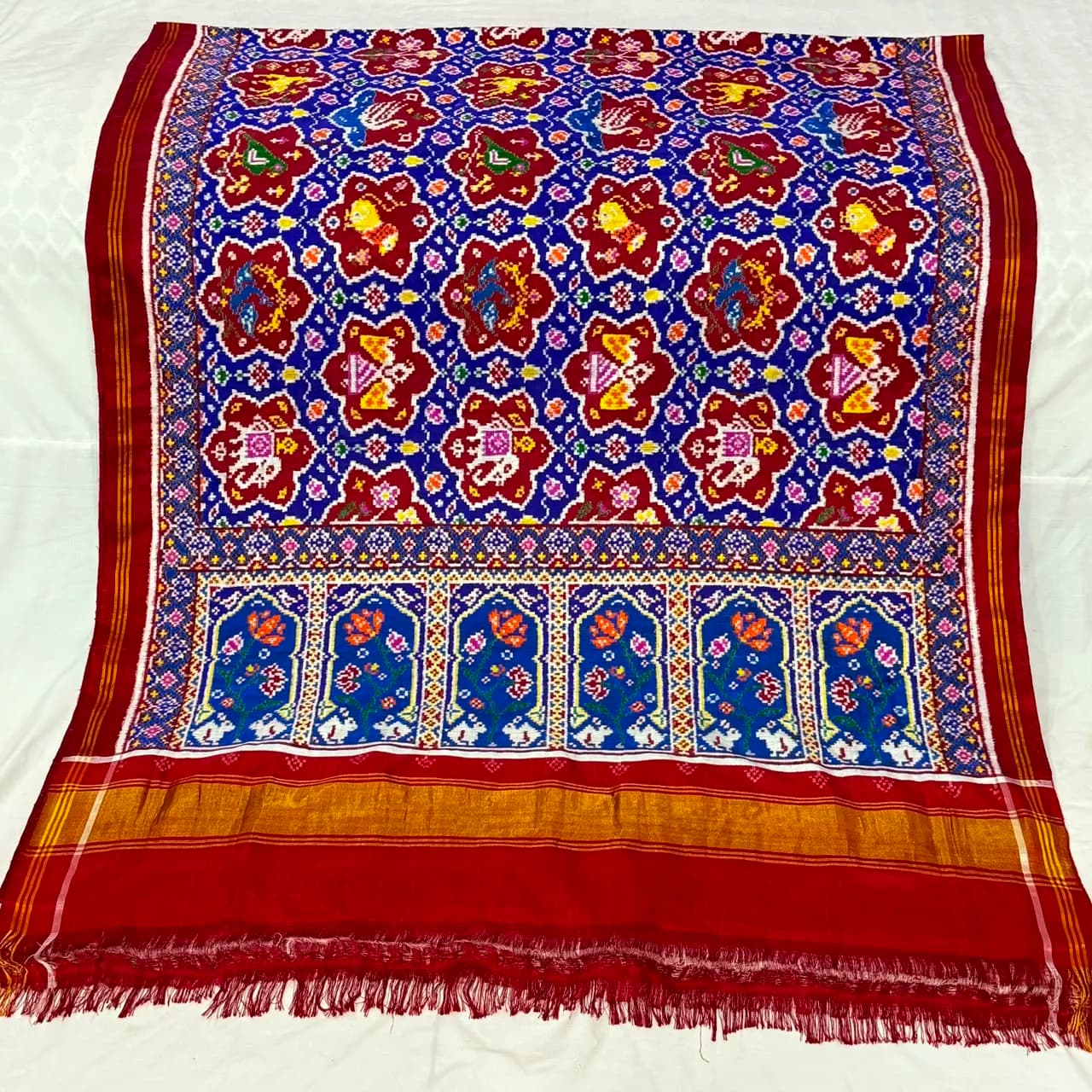 Royal Blue & Crimson Jharokha Navratna Double Ikat Patola Silk Saree