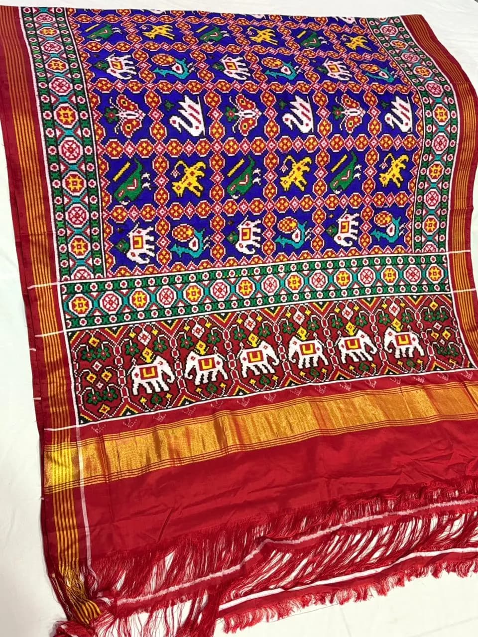Royal Indigo & Crimson Elephant Procession Double Ikat Patola Silk Saree