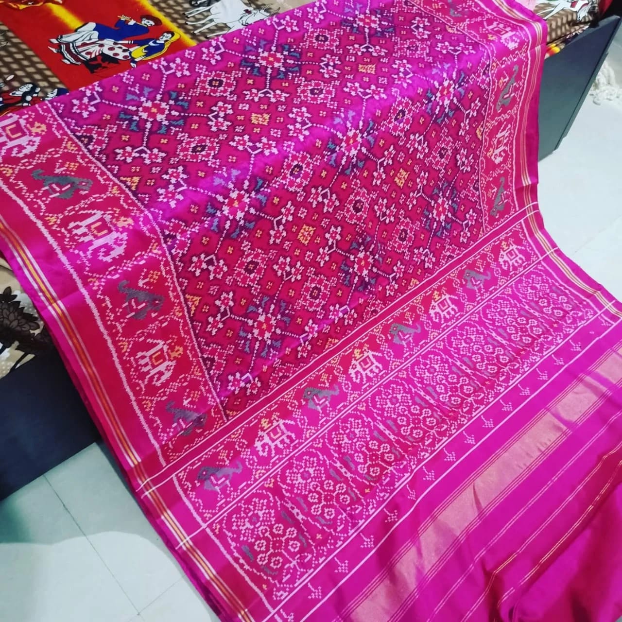 Teal Blue & Coral Floral Rajkot Patola Saree